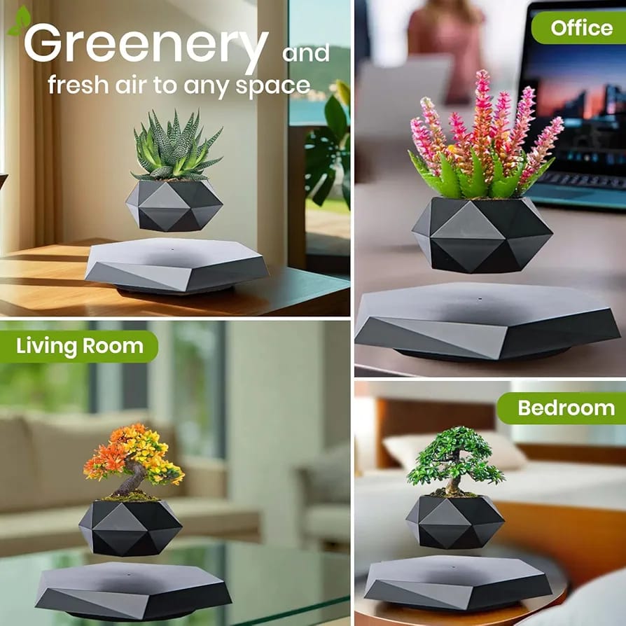 Magnetic Levitating Flower Pot Negative Ion Geometry 360° Floating Bonsai Planter - Black (Plants Not Included) (No Cash On Delivery Allowed On This Product) - Prepaid Orders Only