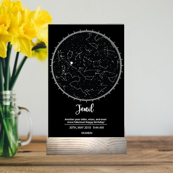 Personalized Birthday Black Star Map With Wooden Stand