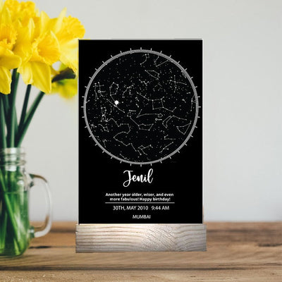 Personalized Birthday Black Star Map With Wooden Stand