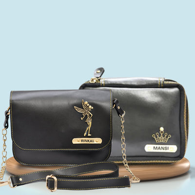 Personalized Mini make up kit + Chained Sling bag - Black