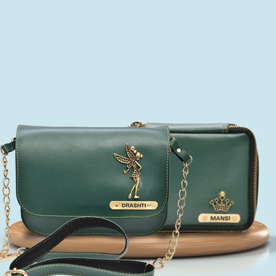 Personalized Mini make up kit + Chained Sling bag - Green