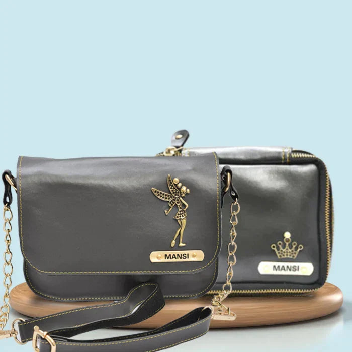 Personalized Mini make up kit + Chained Sling bag - Grey