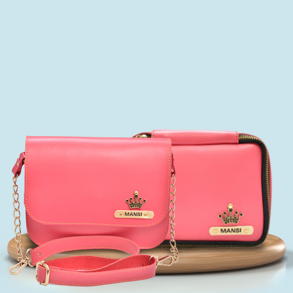 Personalized Mini make up kit + Chained Sling bag - Pink