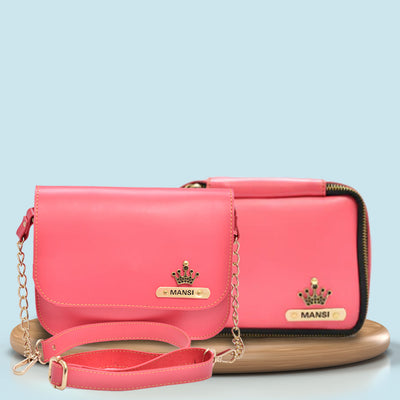 Personalized Mini make up kit + Chained Sling bag - Pink