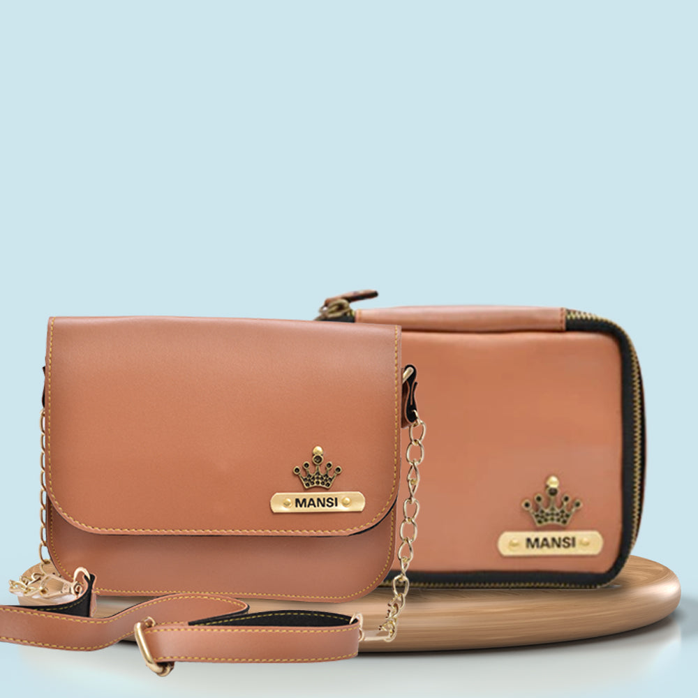 Personalized Mini make up kit + Chained Sling bag - Tan