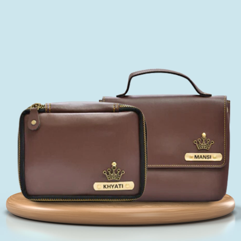 Personalized Mini make up kit + Sling bag - Brown
