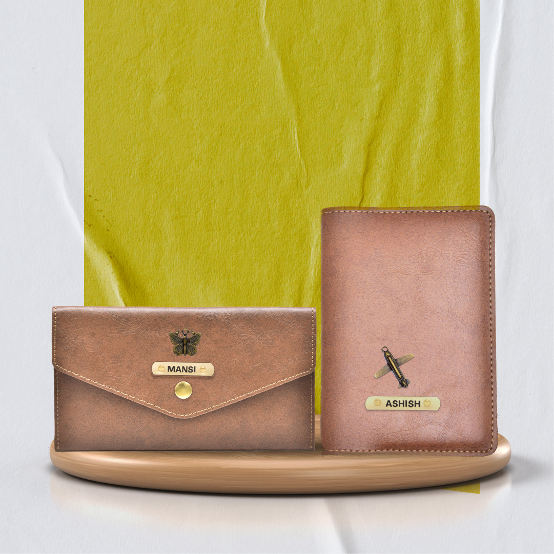 Customized Classy Leather Lady Wallet and Passport Cover Combo - Brown