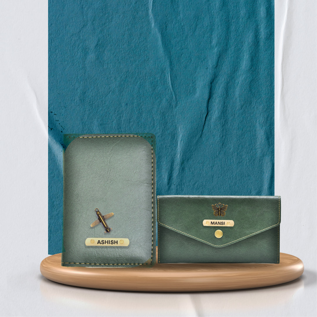 Customized Classy Leather Lady Wallet and Passport Cover Combo - Green