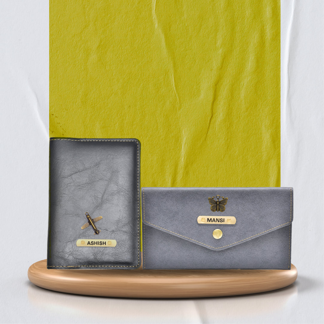 Customized Classy Leather Lady Wallet and Passport Cover Combo - Grey