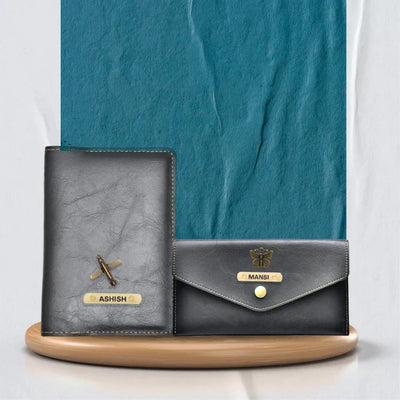 Customized Classy Leather Lady Wallet and Passport Cover Combo - Black