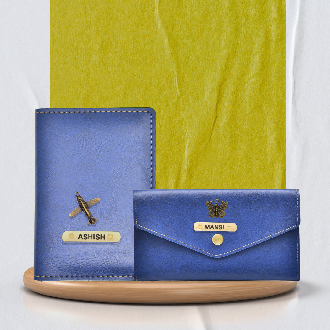 Customized Classy Leather Lady Wallet and Passport Cover Combo - Blue