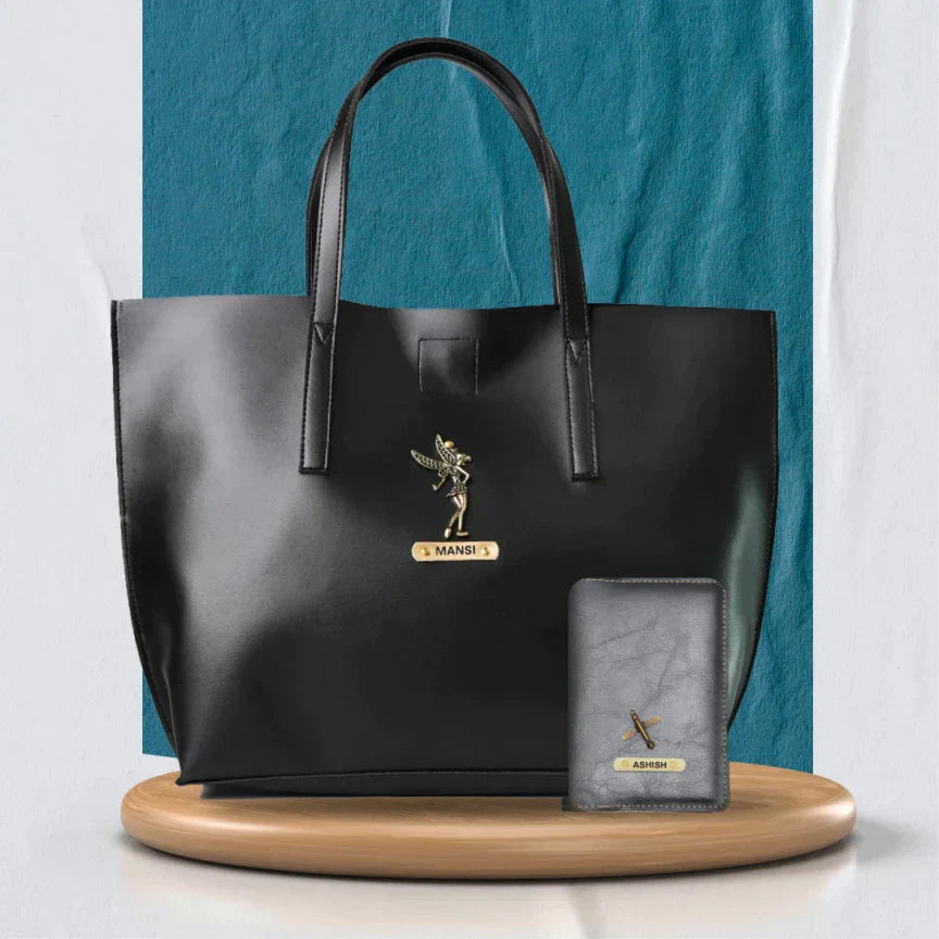 Personalized Tote Bag and Classy Leather Passport Cover - Black
