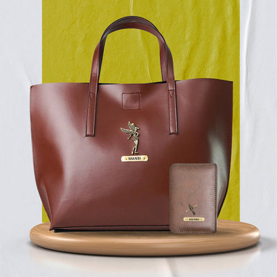 Personalized Tote Bag and Classy Leather Passport Cover - Brown
