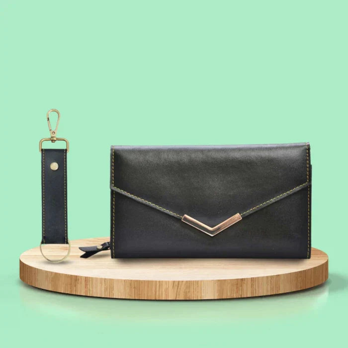 Vegan Leather Lady Wallet and Keychain - Black